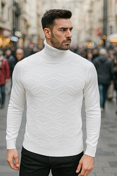 NO4 سترة تريكو رجالية كاملة النقش بياقة عالية - موديل أنيق وشتوي