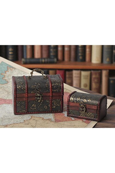 e-life shop Lüks İşlemeli Vintage Eskitme Tasarımlı 2li Sandık Çok Amaçlı Tak...