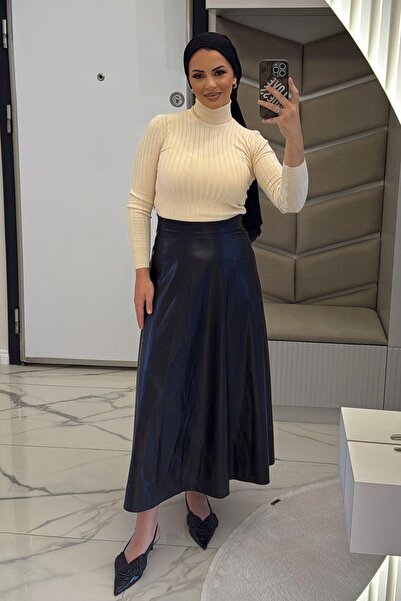 megapol giyim Women's Black Leather Skirt