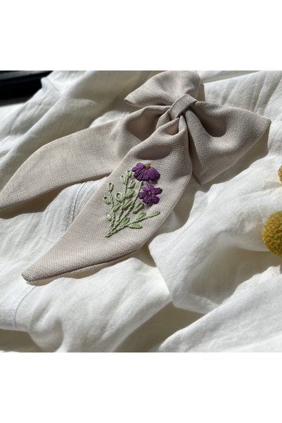 Mas Purple Floral Embroidered Beige Bow Buckle |   Handmade Fabric Ribbon Buckle |   Girls & Women