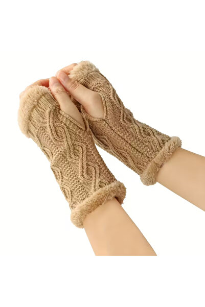 TATA CRAFT Зимові в'язальні рукавички без пальців з хутром, унісекс, спеціальний дизайн, термохутро всередині