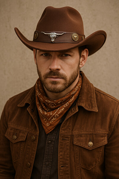 HatClub Exclusive Men's Brown Cowboy Western Style Leather Detailed Hat