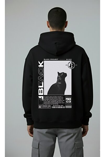 LORVEX Crna majica sa printom crne mačke na leđima Oversize kroj Muška majica...