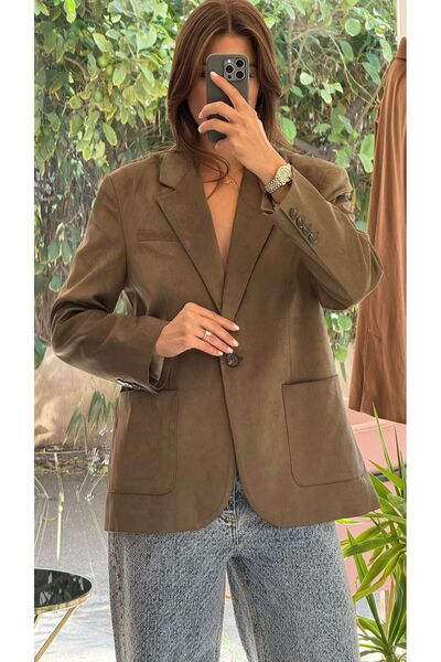 HANER BUTİK 100% Suede Khaki Blazer Jacket
