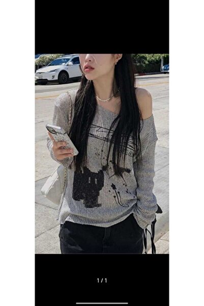 İsra Ayyıldız Moonstar Collection Omuz Dekolteli Kara Kedi Desenli Gri Sweats...