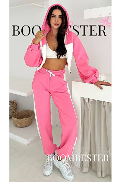 BoomBester Γυναικείο Σετ Φόρμας Χειμερινής Φόρμας Τριών Κλωστών 100% Βαμβάκι Oversize - Ροζ με Κορσέ με Κορδόνια και Λεπτομέρειες με Ρίγες
