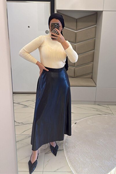 megapol giyim Women's Black Leather Skirt