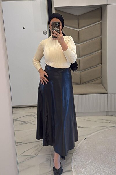 megapol giyim Women's Black Leather Skirt