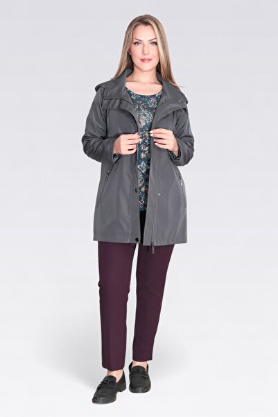 TOLGA SARAÇOĞLU 60131 Gray Unassembled Hooded Turn-Up Collar Relaxed Fit Trench Coat