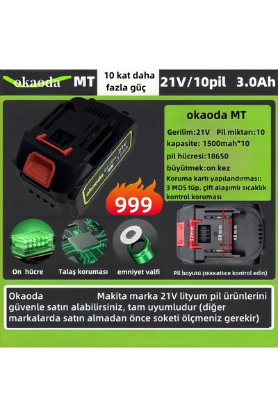 okaoda 10*1300mMakita model lityum pil (lütfen boyutlarına dikkat edin; şarj ...