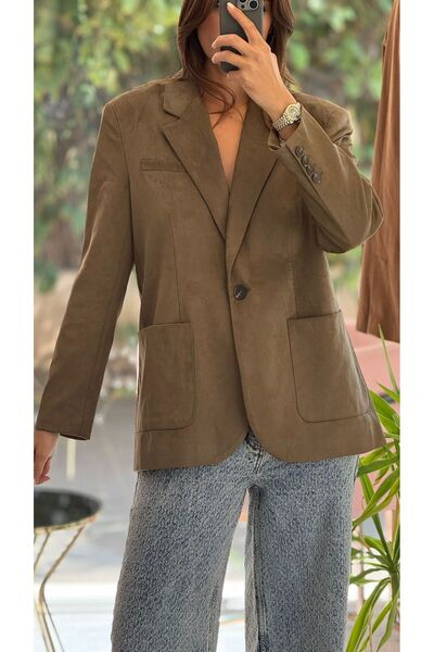 HANER BUTİK 100% Suede Khaki Blazer Jacket
