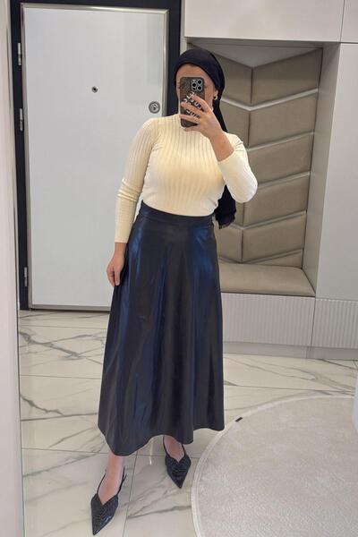 megapol giyim Women's Black Leather Skirt