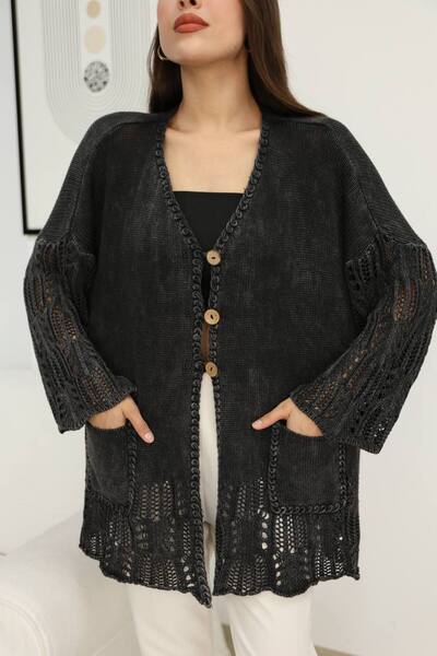 AYASOFYA OTANTIK Γυναικεία μαύρη κουκούλα με κλείσιμο με κουμπί, τσέπη, αντίκ...