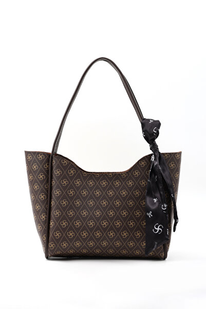 SHAKA Monogram Baskılı Kahverengi SHK240 Suni Deri Fermuarlı Tek Bölmeli Fular Hediyeli El,Kol ve Omuz Çan