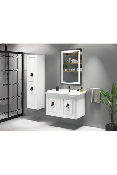 ROSEART BANYO 80CM BEYAZ BANYO DOLABI SET HALİNDE LED AYNA + ALT MODÜL + SERAMİK LAVABO + BOY DOLAP