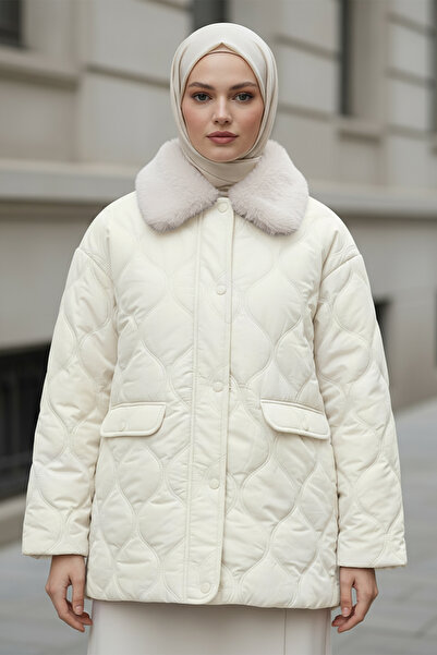 Salih Çelebi Yakası Kürklü Şişme Mont 5904 - KREM