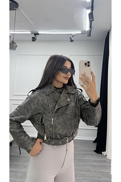 Daves Krátká motorkářská bunda z antracitové kůže s podšívkou a páskem