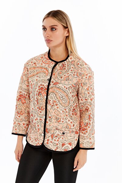 moda benna Women's Ethnic Patterned Bomber Jacket with Quilted Snap Fasteners