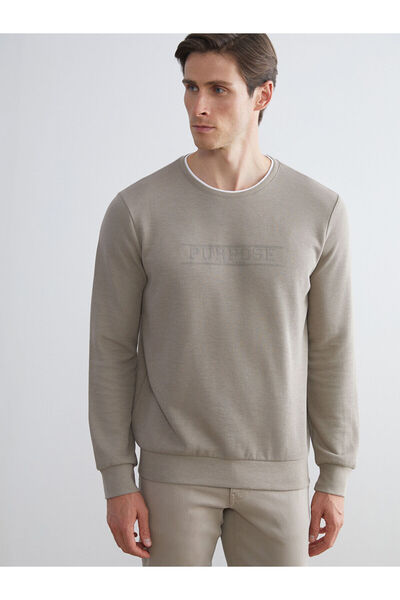 LC Waikiki البيج طاقم الرقبة طويلة الأكمام المطبوعة البلوز الرجال