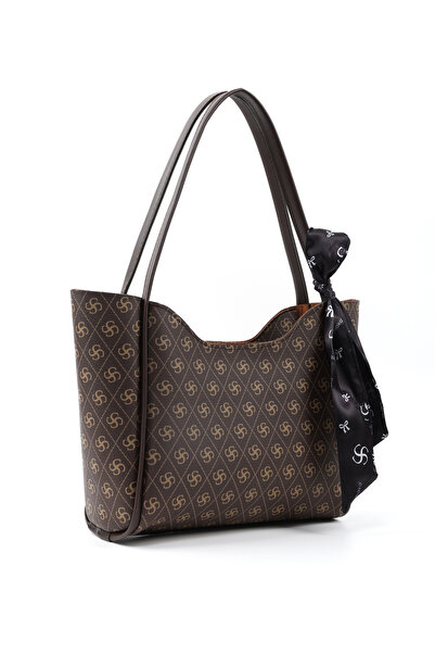 SHAKA Monogram Baskılı Kahverengi SHK240 Suni Deri Fermuarlı Tek Bölmeli Fular Hediyeli El,Kol ve Omuz Çan