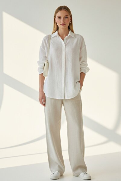 Kübra Tekstil Women's White Button down Long Sleeve Classic Collar Textured Shirt Blouse - Women's Shirts