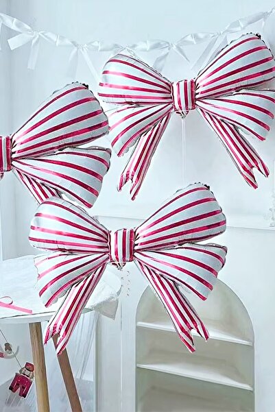 PEKSHOP Red and White Striped Large Bow Foil Balloon Bow Ribbon Shaped Balloon
