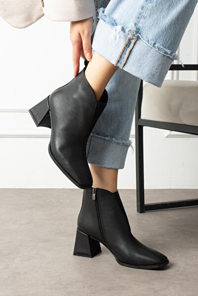 ShoeTek Rayt Kadın Bot Kalın Topuklu Fermuarlı Siyah Deri