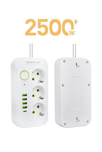 TECHNOMEN Akım Korumalı Ev ve Ofis İçin 2500W Type-C ve USB’li 3 Lü Priz Güçlü ve Güvenli Enerji Dağıtımı