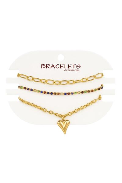 Vipfoni Colorful Row Zircon Stone Heart Detailed Triple Women's Chain Bracele...