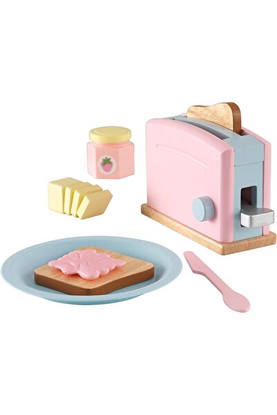 KIDKRAFT Wooden Toaster Playset with 8 Pieces and Working Handle, Play Kitchen Toy - Pastel, Gift fo