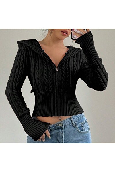 ASEZ BUTİK Zarif Çizgili Örgü Detaylı Fermuarlı Kapüşonlu Triko Crop Hırka