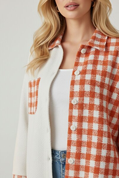Kübra Tekstil Women's Orange Oversize Fit Plaid Patterned Long Sleeve 100% Cotton Shirt, Jacket, Women's Lumberjack Shirt