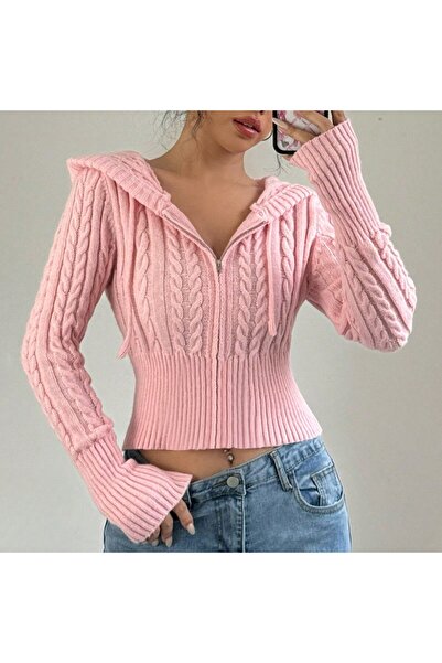 ASEZ BUTİK Cardigan crop din tricot cu fermoar, cu detaliu din tricot cu dung...