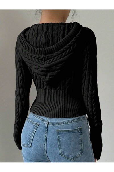ASEZ BUTİK Elegant Striped Knit Detailed Zippered Hooded Knitwear Crop Cardigan