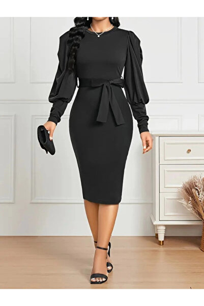 TBL DEKOR Γυναικείο μακρυμάνικο φόρεμα με λαιμόκοψη και ζώνη στη μέση, εισαγό...