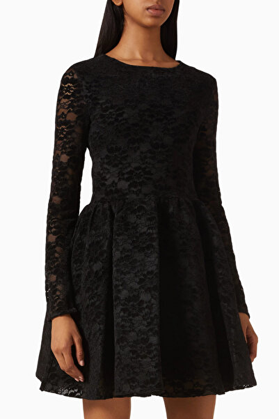 Maje Velvet Lace Royaldentel Kısa Pleated Dress, Siyah, Tanımlı Bel ve Şeffaf Kollu