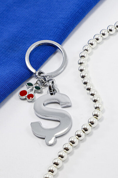 biuti حلقة مفاتيح معدنية فضية اللون على شكل حرف S مع زخرفة الكرز الصغير / زين...