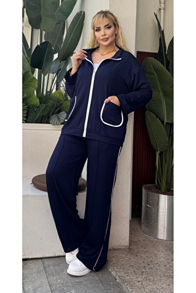 Butik Nilyam Дамски комплект от спортен екип с бял кардиган с релефни детайли и еластична материя, размер плюс 25050