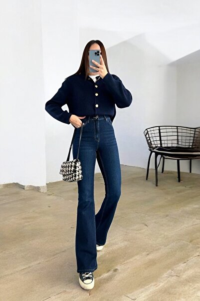 byhaziran butik Misya Yüksek Bel Likralı Koyu Mavi Kadın Flare Jean Pantolon