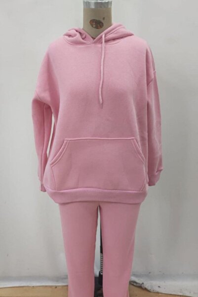 Mossta Hooded Pocket Three Thread Fabric Blouse Pants Two Piece Set - Pink