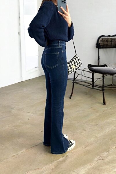 byhaziran butik Misya Yüksek Bel Likralı Koyu Mavi Kadın Flare Jean Pantolon