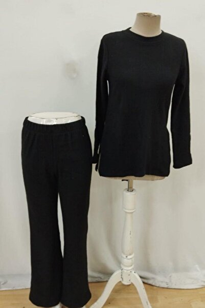 Mossta Crew Neck Side Slit Ruched Camisole Blouse Pants Two-Piece Set - Black