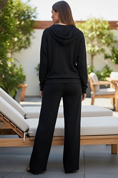 Mossta Comfortable Fit Hooded Wide Leg Ribbed Women's Set – Black