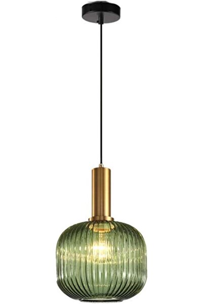 ASR Yeşil Cam Altın Gold Metal Aksesuarlı Modern Sarkıt Aydınlatma Avize