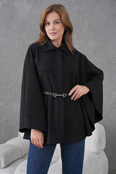 beeke Women's Waist Belted Cashmere Black Poncho New Season Stylish Oversize Trendy and Comfortable Modern Outerwear