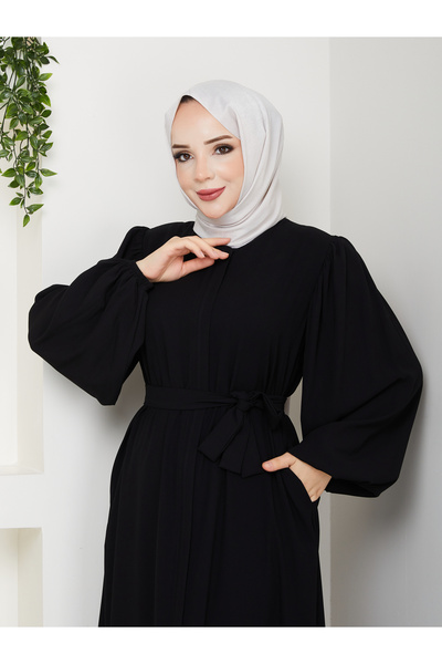 Efelif Siyah Genç Tarz Balon Kol Boydan Fermuarlı Salaş Kesim Kemerli Ferace