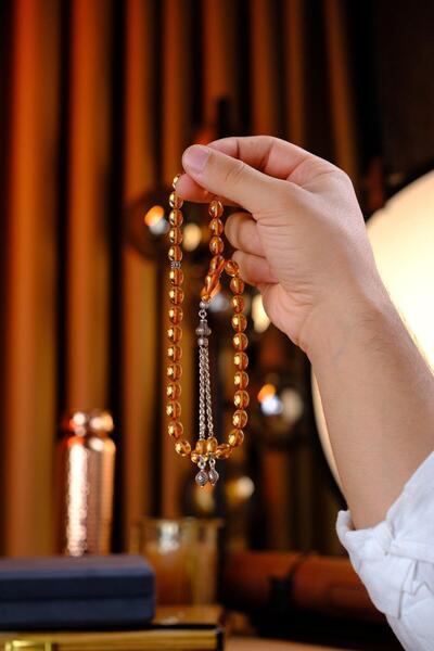 dergah tesbih Elegant Design Silver Tassel Fire-I Crimped Amber Prayer Beads