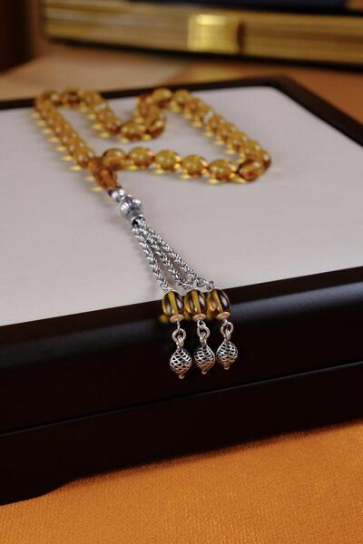 dergah tesbih Elegant Design Silver Tassel Fire-I Crimped Amber Prayer Beads