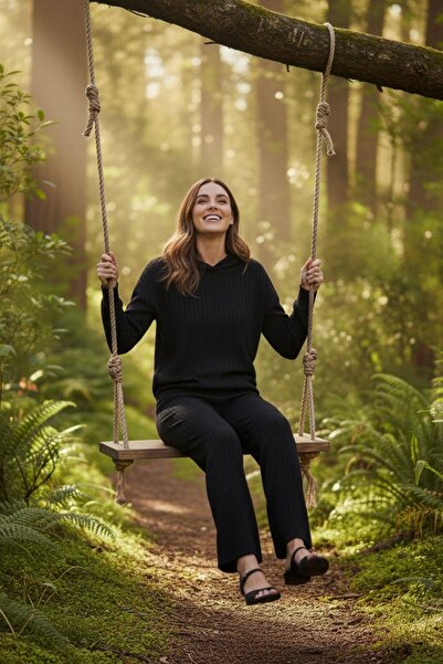 Mossta Comfortable Fit Hooded Wide Leg Ribbed Women's Set – Black