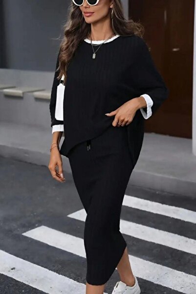 Mossta Set de două piese cu căptușeală din fleece tricotaj cu striații - Negru